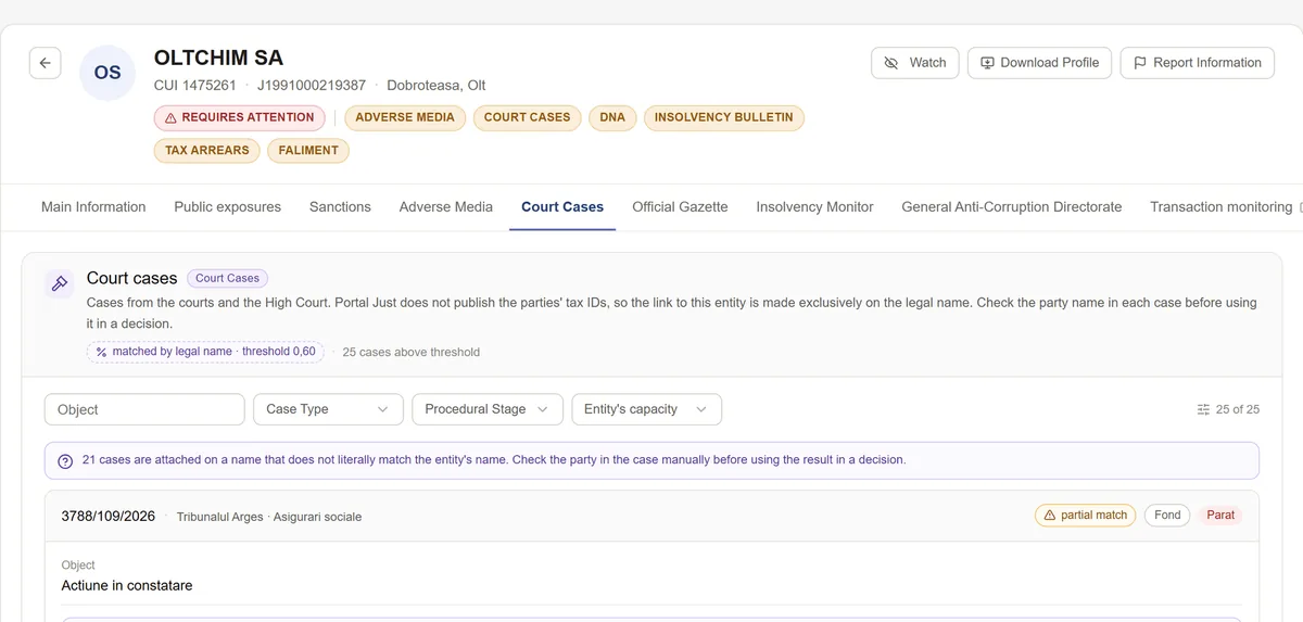 The court-cases section of a Clear Data report: how many cases were found, the filters, and the first case with its court and subject.