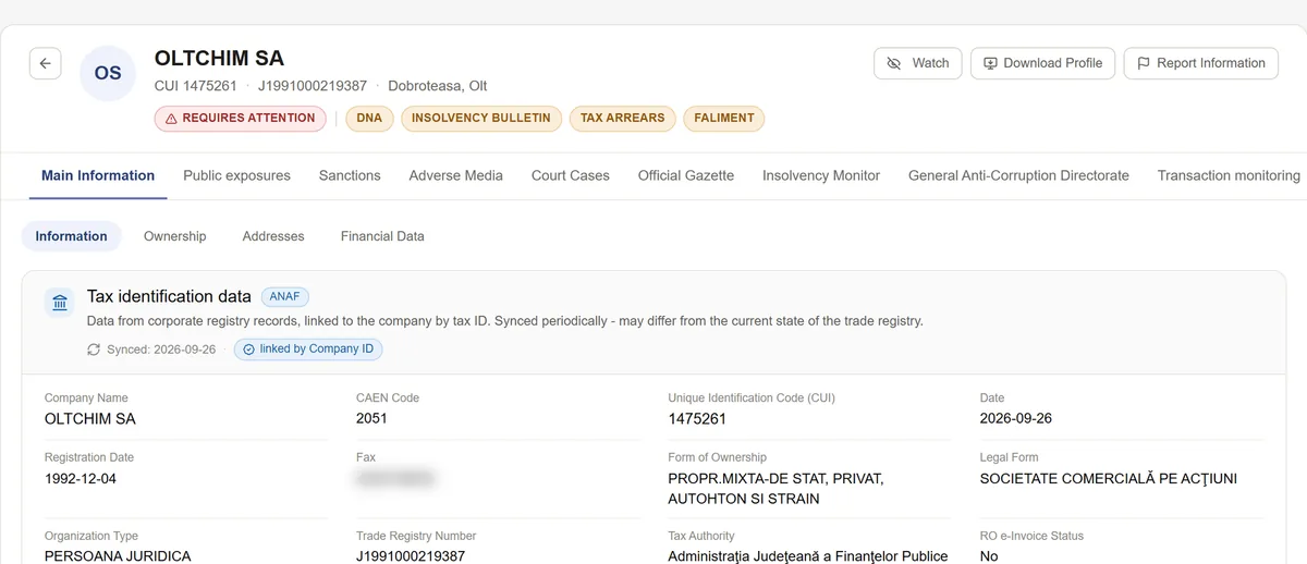 The header of a Clear Data report, with the company’s risk flags and the bar of public registers every candidate on a shortlist is run through.