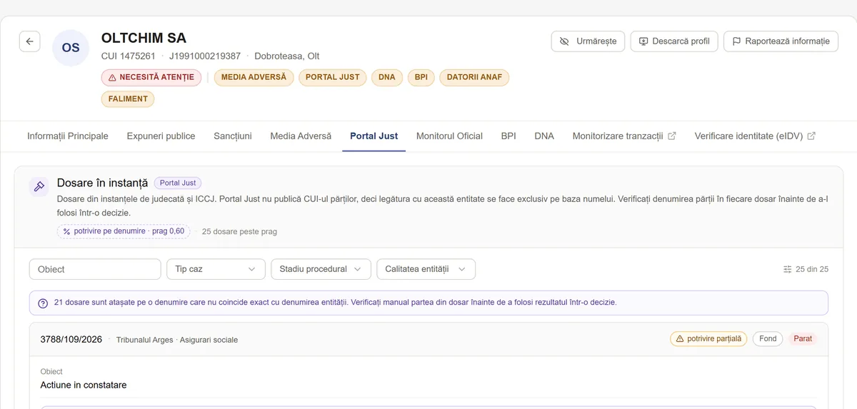 Secțiunea de dosare în instanță dintr-un raport Clear Data: câte dosare s-au găsit, filtrele și primul dosar cu instanța și obiectul lui.