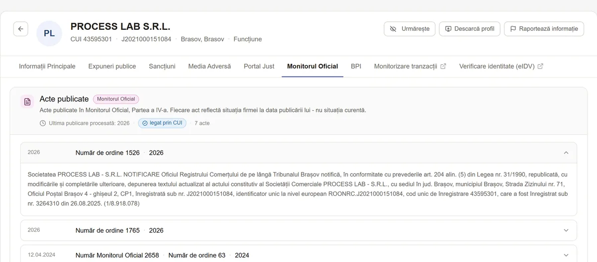 Secțiunea Monitorul Oficial dintr-un raport Clear Data: actele publicate despre firmă, fiecare cu numărul și data lui.